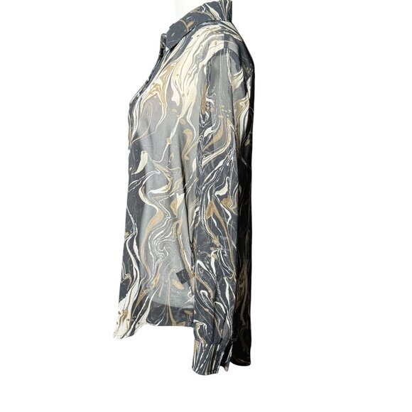 NEW Dress Forum Blouse S Long Sleeve Black Beige Print Dressy Sheer Button Up - Picture 6 of 12